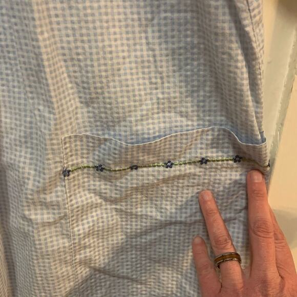 Vintage housecoat nightgown Granada blue checked w floral embroidery pearl snaps - Picture 6 of 8